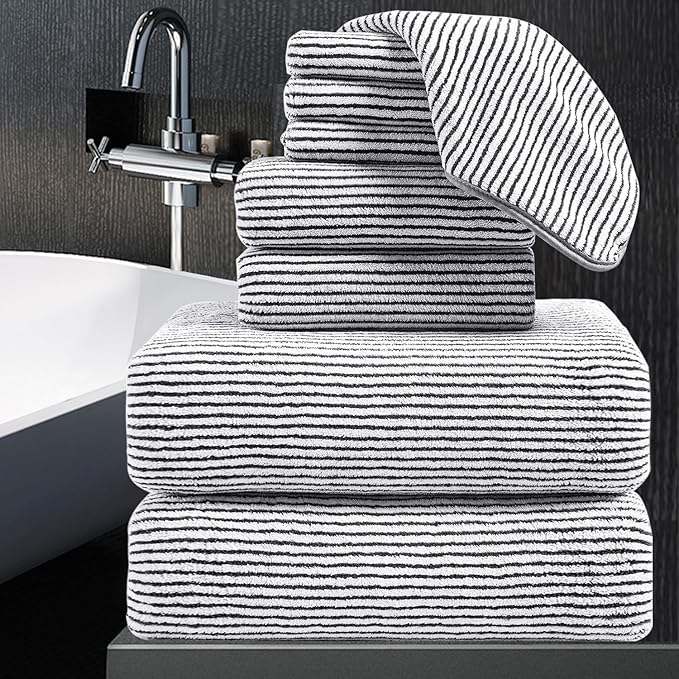 8-Piece Premium Towel Set for Bathroom|2 Oversized Large Bath Sheet,2 Hand Towels,4 Washcloths|Soft Cozy Highly Absorbent Fast Dry Microfiber Shower Towel Set for Hotel Bathroom Essentials,Black White