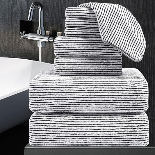 8-Piece Premium Towel Set for Bathroom|2 Oversized Large Bath Sheet,2 Hand Towels,4 Washcloths|Soft Cozy Highly Absorbent Fast Dry Microfiber Shower Towel Set for Hotel Bathroom Essentials,Black White