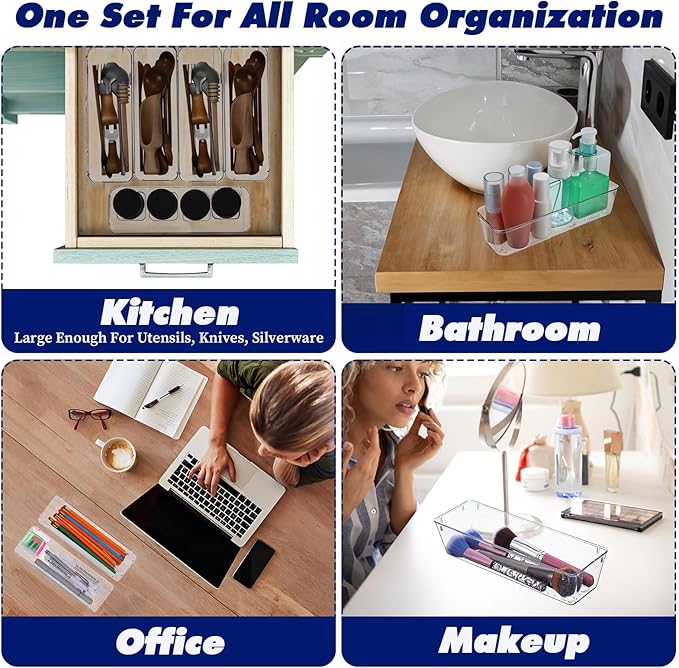 12 Pcs Clear Plastic Drawer Organizers, Vanity Drawer Organizer for Kitchen Utensils, Bathroom Drawers Organizer Trays, 9 x 3 x 2 Inch Acrylic Drawers Dividers for Makeup and Office Desk Organization