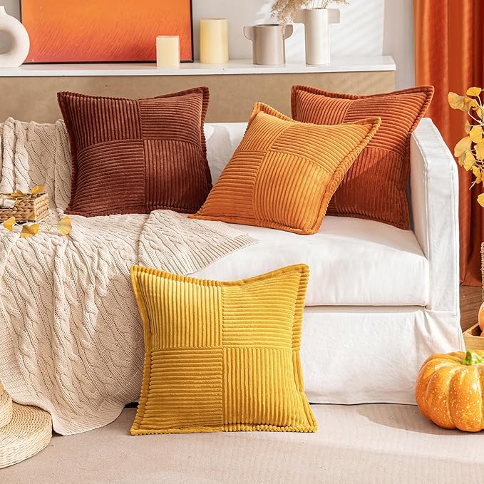 MIULEE Dark Rust Fall Decorative Euro Sham Throw Pillow Covers for Couch Bed Livingroom 24x24 Inch Set of 2 Boho Accent Throw Pllows Broadside Striped Patchwork Soft Corduroy Pillowcases