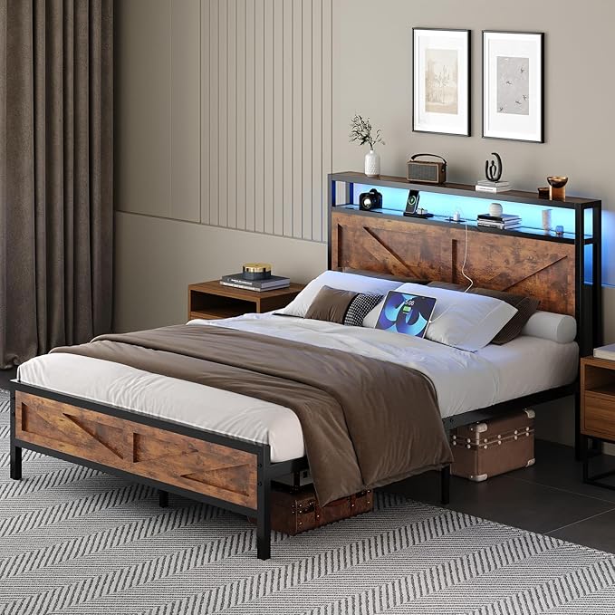 Full Size Bed Frame with LED Lights and Charging Station, Metal Platform Bed Frame Full with Storage and Rustic Barn Door Headboard, Noise Free, No Box Spring Needed, Easy Assembly, Rustic Brown