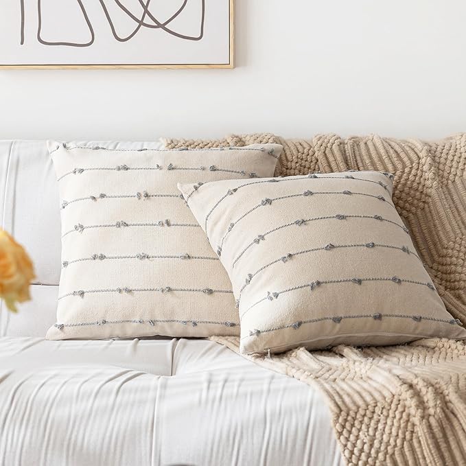 Boho Throw Pillow Covers 18x18 Set of 2 Modern Farmhouse Decorative Cushion Case Tufted Linen Square Pillows Cover Neutral Pillow Cases Accent Pillowcase for Sofa,Couch,Bed,Beige and Grey