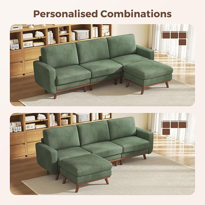 Vesgantti 97" Modular Sectional Sofa Green, L-Shaped Couch with Movable Ottoman, Comfy Corduroy Couch with Spring Cushion, Modular Sofa with Deep Seat for Living Room, Bedroom and Apartment