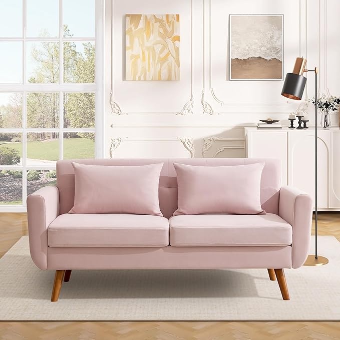 Tbfit 65" W Loveseat Sofa, Velvet Mid Century Modern Love Seat Couches for Living Room, Button Tufted Upholstered Small Couch for Bedroom, Solid and Easy to Install Love Seats Furniture, Pink