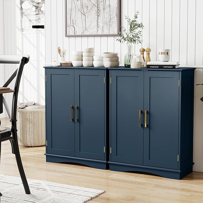 Tangkula Bathroom Floor Storage Cabinet, 31.5" H Freestanding Pantry Cabinet with 2 Doors and Adjustable Shelves, Kitchen Cupboard for Living Room, Dining Room, Bathroom (Navy Blue, 31.5" H)