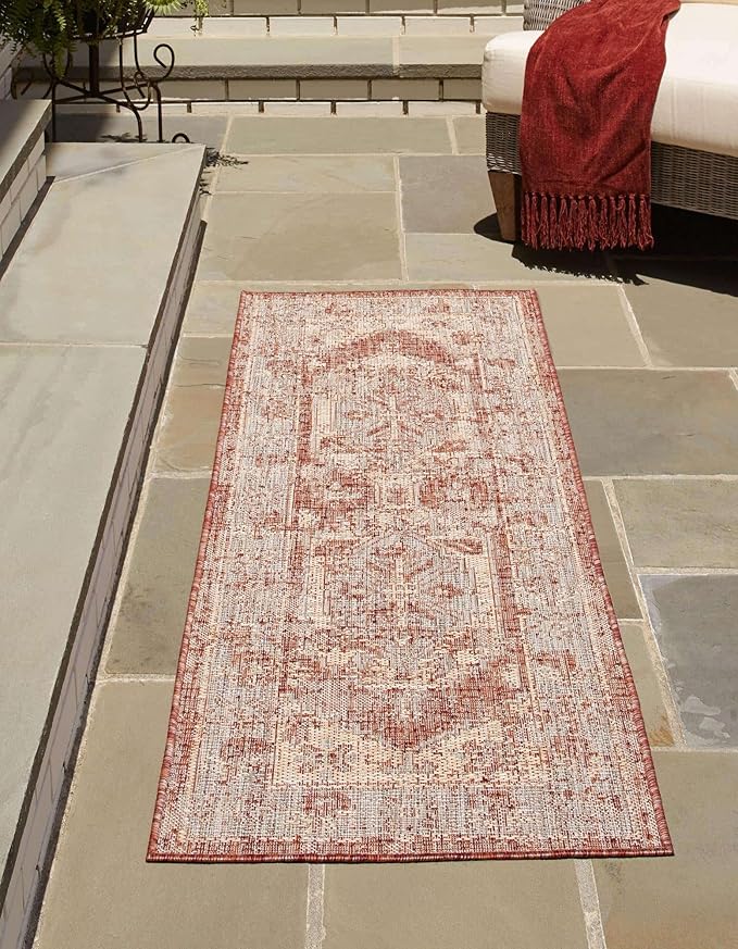 Unique Loom Outdoor Traditional Collection Area Rug - Valeria (2' x 8' Runner, Rust Red/ Ivory)