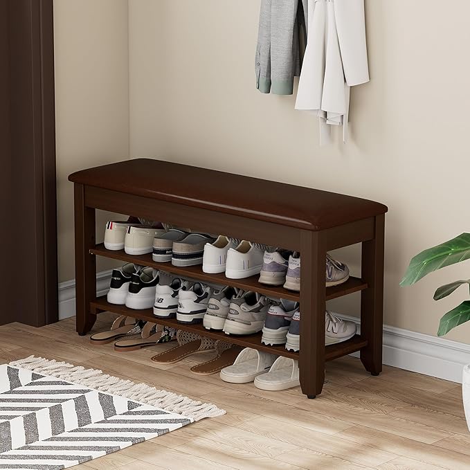 Shoe Rack Bench with Flip-Top Storage, Solid Wood Entryway Bench with Cushion, Adjustable Shelf, for Hallway, Mudroom, Closet – Walnut, 31.5"