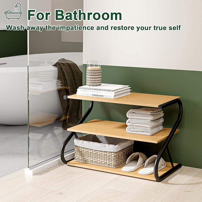 Bamboo Shoe Rack, Z-Frame Wooden 3-Tier Shelf with Durable Metal Shelves, Shoe Organizer for High Heels, Hallway, Living Room, Closet, Bedroom (Natural)