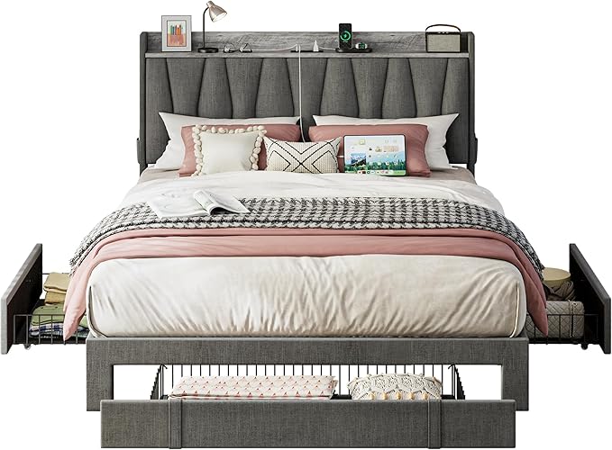 ANCTOR Full Size Bed Frame with 3 Drawers, Upholstered Platform Bed with Storage Headboard and Charging Station, No Box Spring Needed, Easy Assembly, Grey