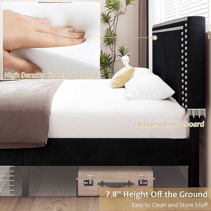VECELO Queen Size Bed Frame with Adjustable Upholstered Headboard, Wooden Slats Platform, Noise-Free Design, No Box Spring Needed, Easy Assembly