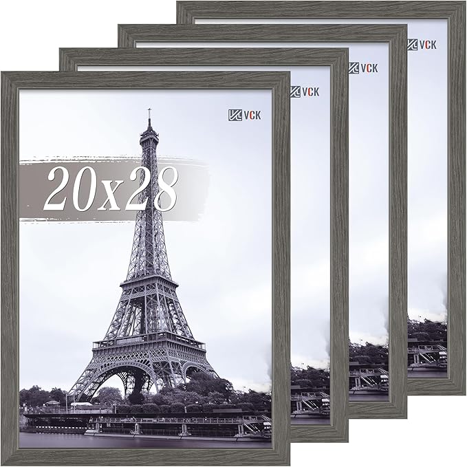 VCK 20x28 Picture Frame Set of 4 - Grey, Gallery-Quality Wood Poster Frames, 1.1-Inch Wide Border, Polished Plexiglass, Vertical or Horizontal Wall Display for Photo/Art/Prints, Grey