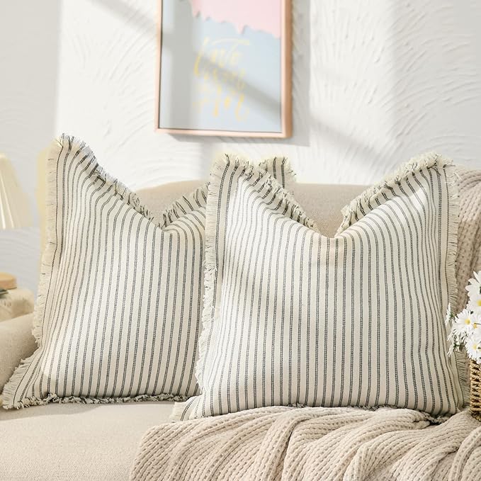 ZWJD Throw Pillow Covers 24x24 Set of 2 Striped Pillow Covers with Fringe Chic Cotton Decorative Pillows Square Cushion Covers for Sofa Couch Bed Living Room Farmhouse Decor