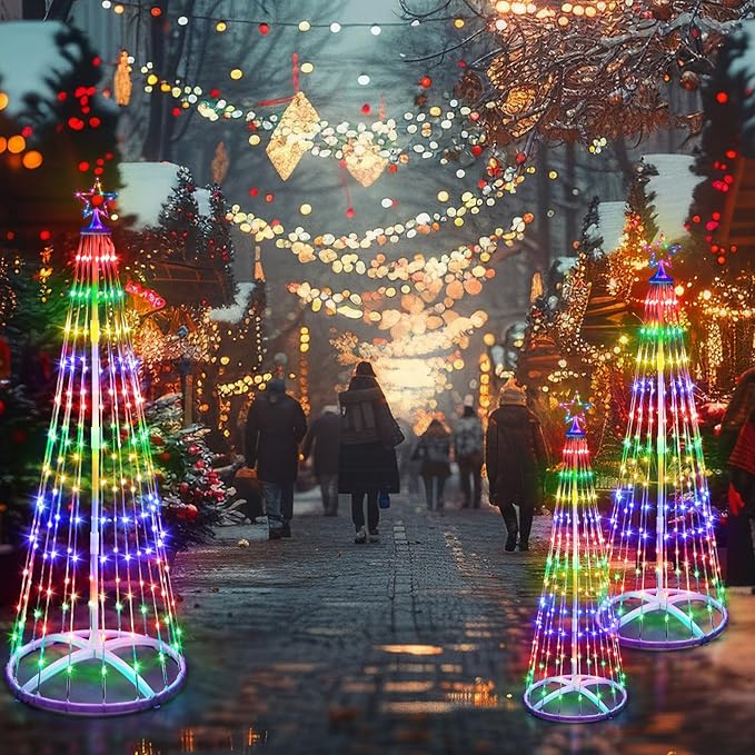 3 Pack 3/4/5FT Christmas LED Cone Tree Lights Outdoor Decorations 24 Modes Color Changing with Timer Foldable Lighted Trees Waterproof String Lights Holiday for Christmas New Year Xmas Yard
