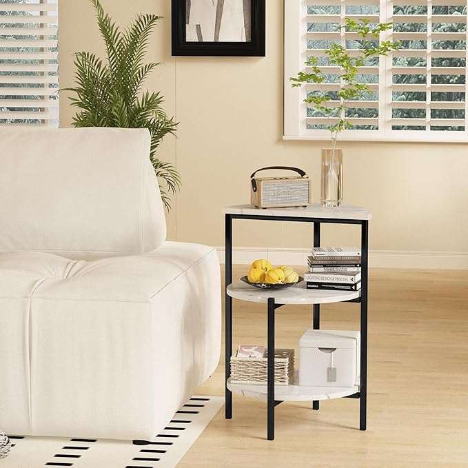 AWQM Marble Side End Table Set, 3-Tier Sofa Side Table, Small Round Coffee, Table Bedside Table of 2, Corner Table w/Metal Frame for Living Room Bedroom, White+Black