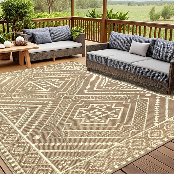 Waterproof Outdoor Rug 8x10 ft, Reversible Plastic Straw Mat, Large Floor Mat for Patio, Camping, Picnic, Backyard RV, Deck, Beige