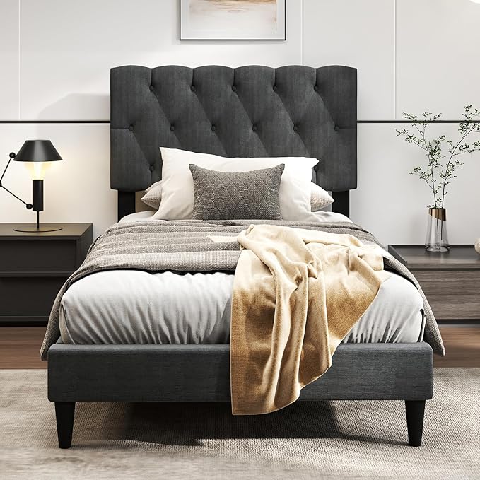 Giantex Twin Bed Frames with Headboard, Modern Upholstered Platform Bed Frame with Diamond Tufting Headboard, Wooden Slats Support, No Box Spring Needed, Gray
