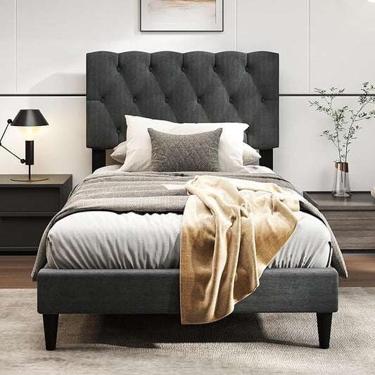 Giantex Twin Bed Frames with Headboard, Modern Upholstered Platform Bed Frame with Diamond Tufting Headboard, Wooden Slats Support, No Box Spring Needed, Gray