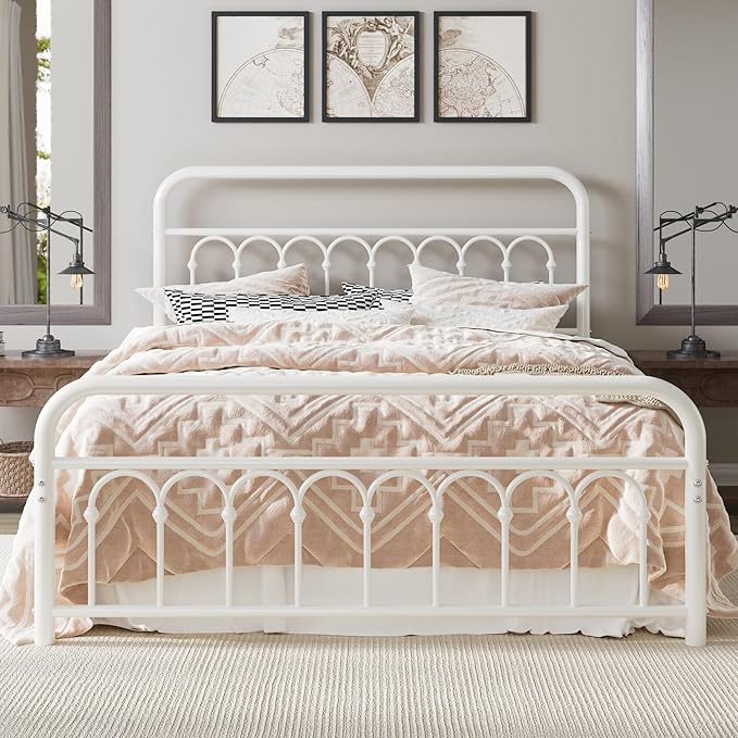 Allewie 14 Inches Queen Size Metal Platform Bed Frame with Victorian Style Curved Iron-Art Headboard/Footboard, Metal Slats Support, Easy Assembly, Under Bed Storage, No Box Spring Required, White