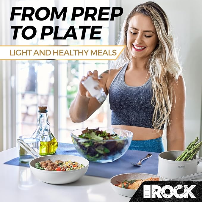 THE ROCK Single Serve Nonstick Pots and Pans Set, 4pc Portion Control Cookware Set with Rock.Tec, Scratch/Stain/Crack Proof, Oven & Dishwasher Safe, Perfect for Dorm, Camping & Small Kitchens, White