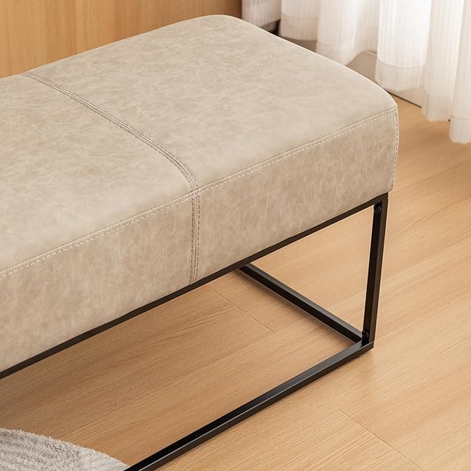 Leather Entryway Bench, Modern Long Leather Ottoman Bench Seat with Metal Frame, 47'' Upholstered Bedroom Bench for Living Room Entryway Window, Taupe