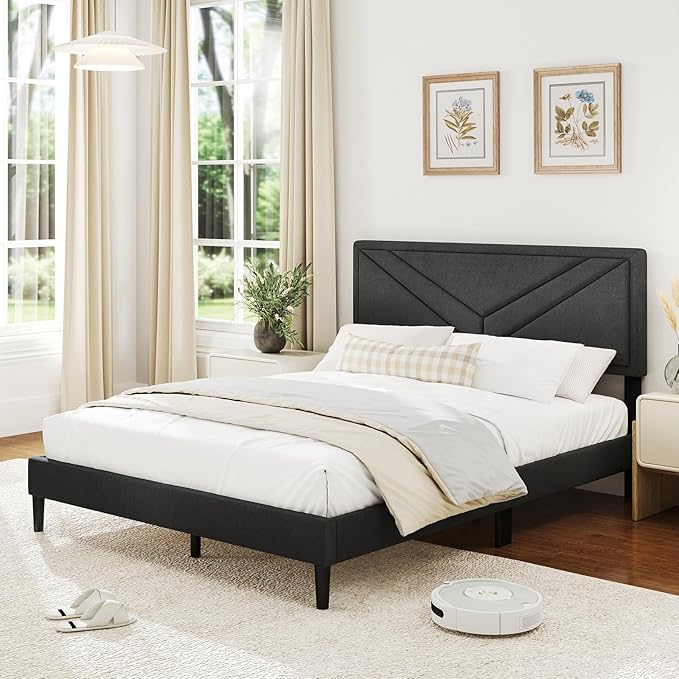 Giantex Queen Platform Bed Frame, Modern Upholstered Bed Frame with Diagonal Channel Tufting, Wooden Slats Support, No Box Spring Needed, Gray