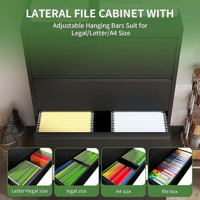 Lateral File Cabinet with Lock,4 Drawer Metal Filing Cabinets, Home Office Storage Cabinet for Hanging Files Letter/Legal/F4/A4 (Black)