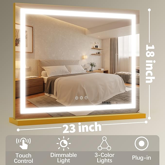 FENNIO 23" x 18" Vanity Mirror with Lights,LED Makeup Mirror,Hollywood Mirror with 3 Color Modes & Adjustable Brightness,Vanity Mirror Square Gold