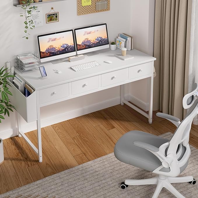 Lufeiya 47 Inch White Computer Desk with Fabric Drawers for Home Office Bedroom, Vanity Desk with Drawer Storage and Side Pouch, Study Writing Table, White