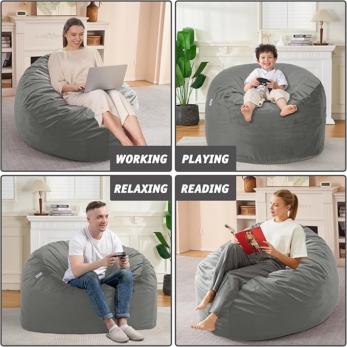3FT Bean Bag Chair with Ultra Soft Velvet Cover Bean Bag Sofa with Memory Foam Bean Bag Chairs with Large Size Lazy Sofa for Dorm Office Living Room Bedroom Silver Grey 3'