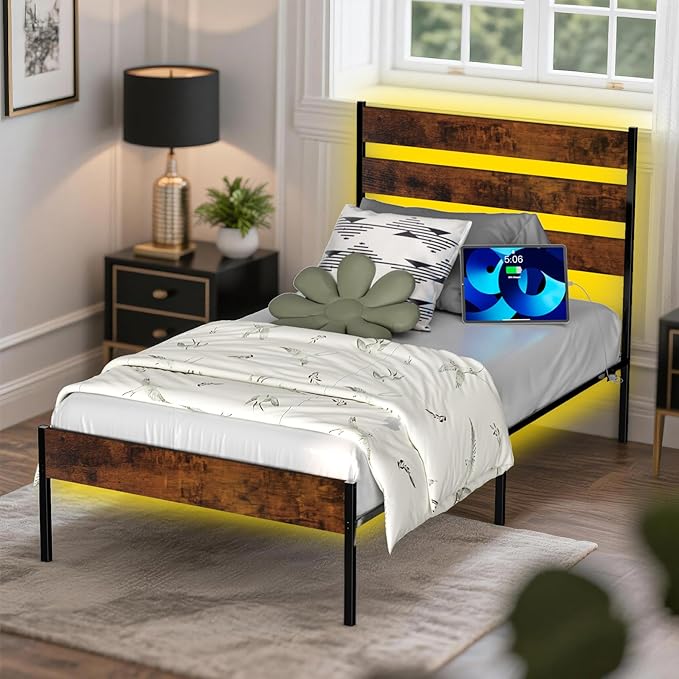 Twin Bed Frame with Headboard,Heavy Duty LED Bed Frame with USB Charging Station,Mattress Foundation-Under Bed Storage, No Box Spring Needed, Noise Free,Brown
