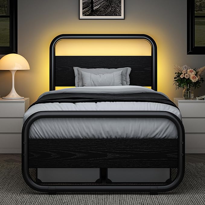 Catrimown Twin Size Bed Frame with LED Lights, Twin Size Platform Bed Frame with Under Bed Storage, Heavy Duty Metal Rustic Bed Frame with Wood Headboard, Noise Free, No Box Spring Needed, Black