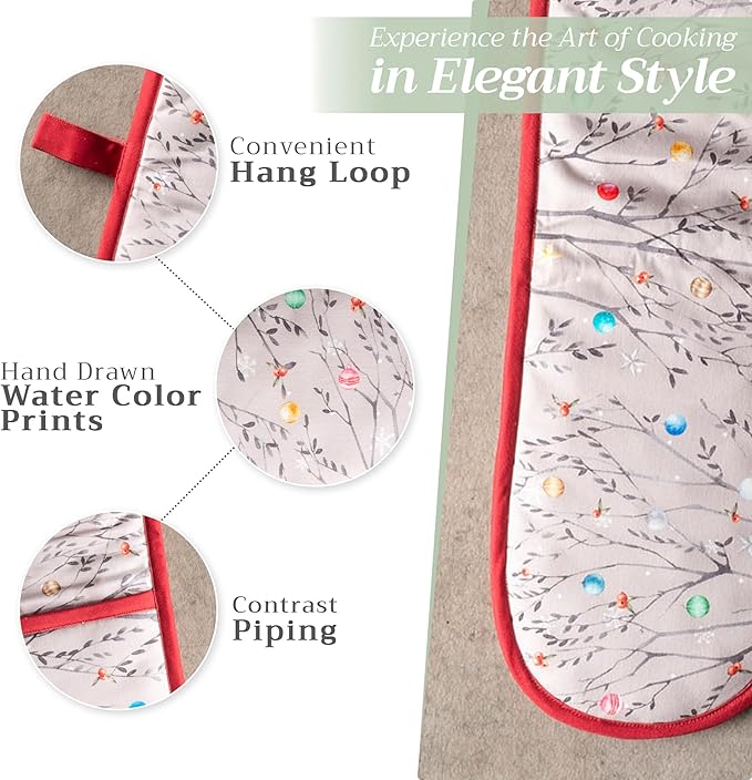 Maison d' Hermine Double Oven Mitt (7" x 35") 100% Cotton Heat Resistant BBQ Cooking Gloves with Loop for Thanksgiving Christmas Decorations Baking Cooking Barbeque Handling Hot Pan (Fairy Christmas)