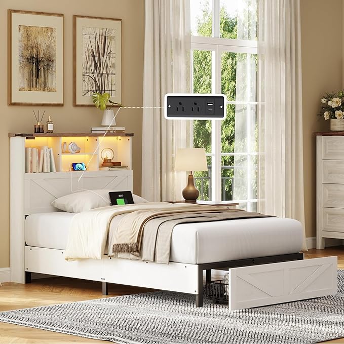 Twin Bed Frame with Bookshelf, Bookcase High Headboard with Charging Station and LED Light, Farmhouse Bed with Storage Drawers, No Box Spring Needed, Noise Free, Easy Assembly, Antique White