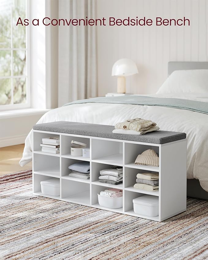 VASAGLE CUSTOS Collection - Shoe Bench, Storage Bench with Padded Seat, Entryway Bench with 12 Compartments, for Bedroom, 11.9 x 40.9 x 18.9 Inches, Cloud White and Slate Gray ULHS012W14