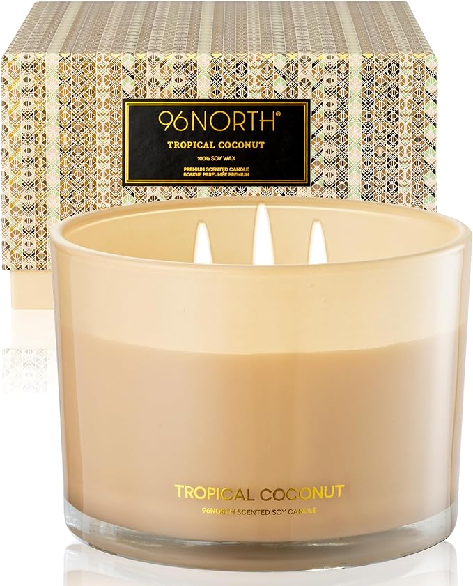 96NORTH Luxury Coconut Soy Candle | Large 3 Wick Jar Candle | Up to 50 Hours Burning Time | Tropical Beach Scented Candles for Home | 100% Natural Soy Wax | Housewarming Gift for Women and Men