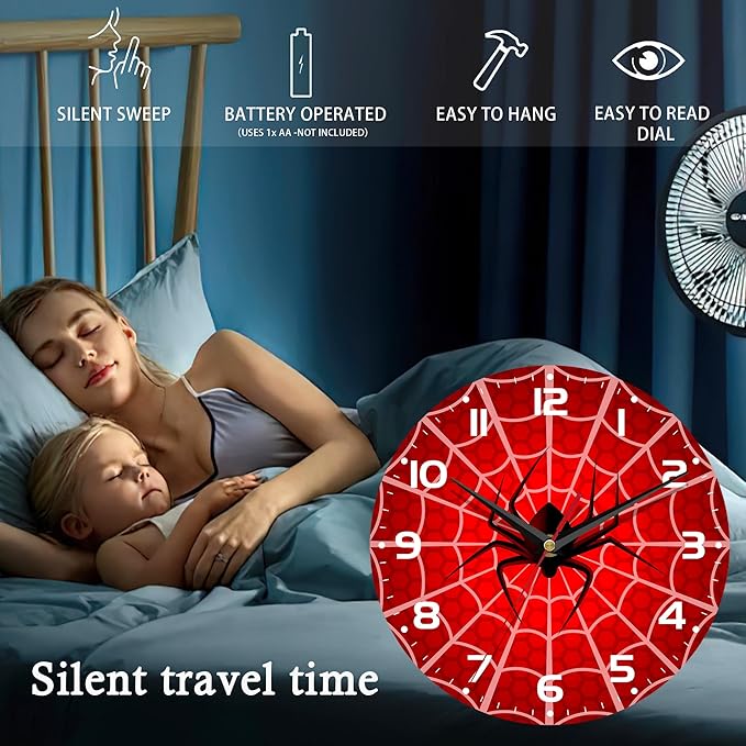 Wall Clock, 10 Inch Silent Non-Ticking Home Kitchen Decor, Battery Operated for Bathroom Bedroom Living Room Office(Red Spider Web)