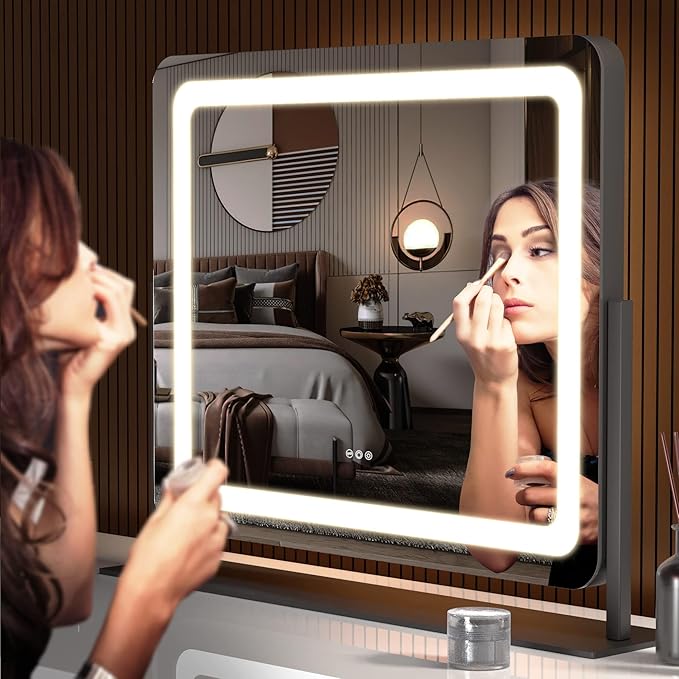 Hasipu Vanity Mirror with Lights, 24.2" x 18.9" LED Make up Mirror, Light up Mirror with 10X Magnification and USB Charging Port, Phone Holder, Smart Touch 3 Colors Dimmable, 360° Rotation (Black)