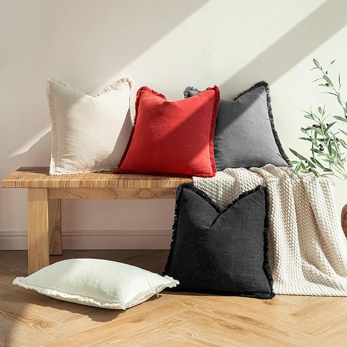 MIULEE Decorative Lumbar Throw Pillow Covers Neutral Linen Fringe Throw Pillows Set of 2 Red Boho Farmhouse Cushion Covers with Tassels for Couch Sofa Bed Living Room Spring Home Decor 12x20 Inch