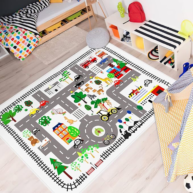 Kids Car Playmat, Kids Rug for Playroom Car Mat Town City Road Traffic Rugs, Play Mat for Floor, Extra Large Boys Kid Car Track Play Rug (Style Five, 59X 39.4 INCH)