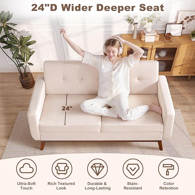 Kingfun 65" W Loveseat Sofa, Mid Century Modern Decor Love Seat Couches for Living Room, Button Tufted Upholstered Furniture, Solid & Easy to Install Small Couch for Bedroom Office Apartment,Oatmeal
