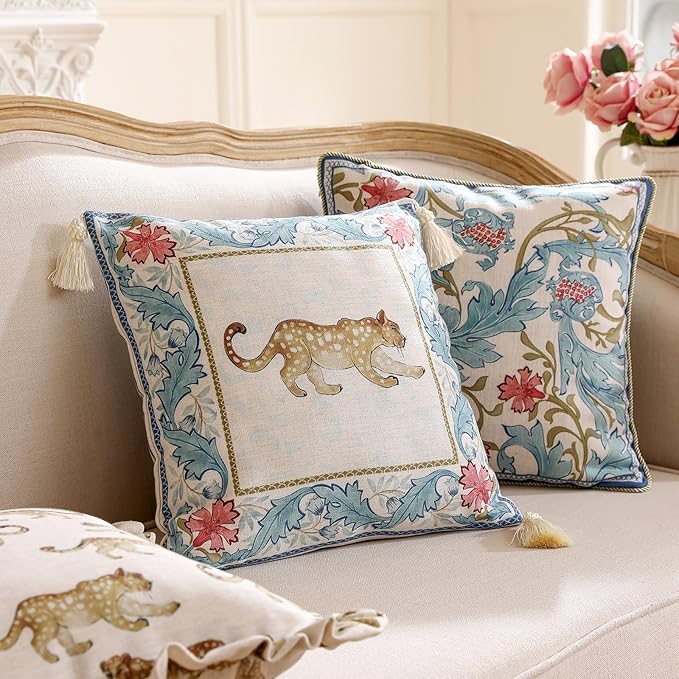 patdrea Designer Throw Pillow Cover for Couch 18"x18",Vintage French Linen Pillowscover with Cheetah Pattern and White Pendant,Farmhouse Decorative Pillowcases for Bed Living Room Outdoor Set of 2