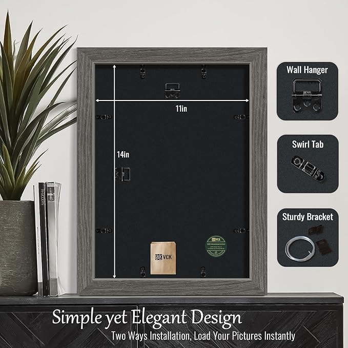 VCK 11x14 Picture Frame Set of 4 - Grey, Gallery-Quality Wood Poster Frames, 1.1-Inch Wide Border, Polished Plexiglass, Vertical or Horizontal Wall Display for Photo/Art/Prints, Grey