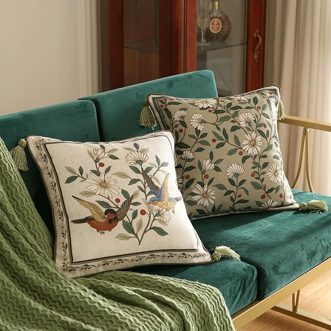 Design Square Green Floral Linen Throw Pillow Covers 18"x18" Pack of 2, White Simple Elegant Daisy Pattern Cushion Covers Decor Pillowcases for Bed,Living Room,Outdoor,Car