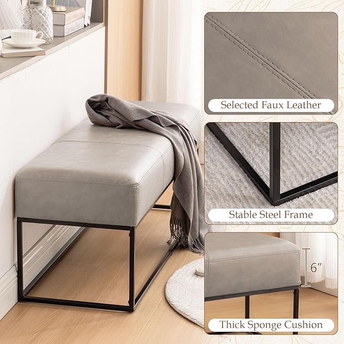 Leather Entryway Bench, Modern Long Leather Ottoman Bench Seat with Metal Frame, 47'' Upholstered Bedroom Bench for Living Room Entryway Window, Taupe