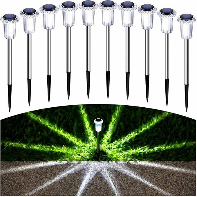Solar Pathway Lights 10 Pack Solar Lights Outdoor Waterproof 6000K Cold White Yard Lighting, LED Stainless Steel Stake for Garden Outside Landscape Lawn Driveway Walkway Path