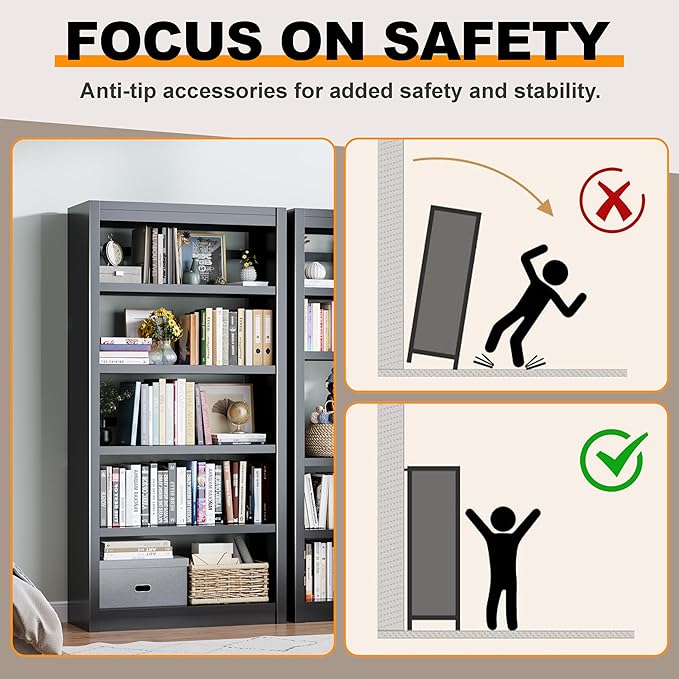 69" Metal Bookcase, 5 Tier Bookshelf with Adjustable Shelves, Heavy-Duty Steel Storage Shelves for Living Room, Home Office, Library, or Bedroom, Black