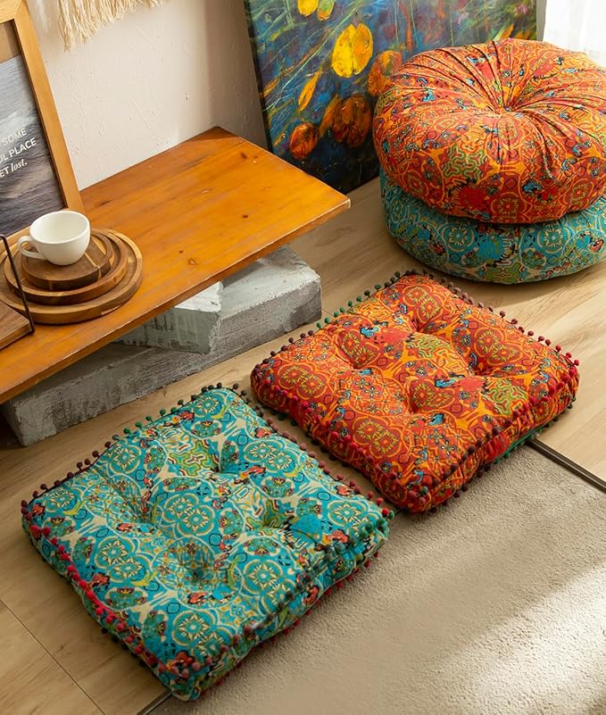 vctops Boho Cotton Linen Square Chair Seat Cushions for Dining Kitchen Office Chairs Super Soft Printed Chair Pads with Pompom Fringe (Orange,16"x16")