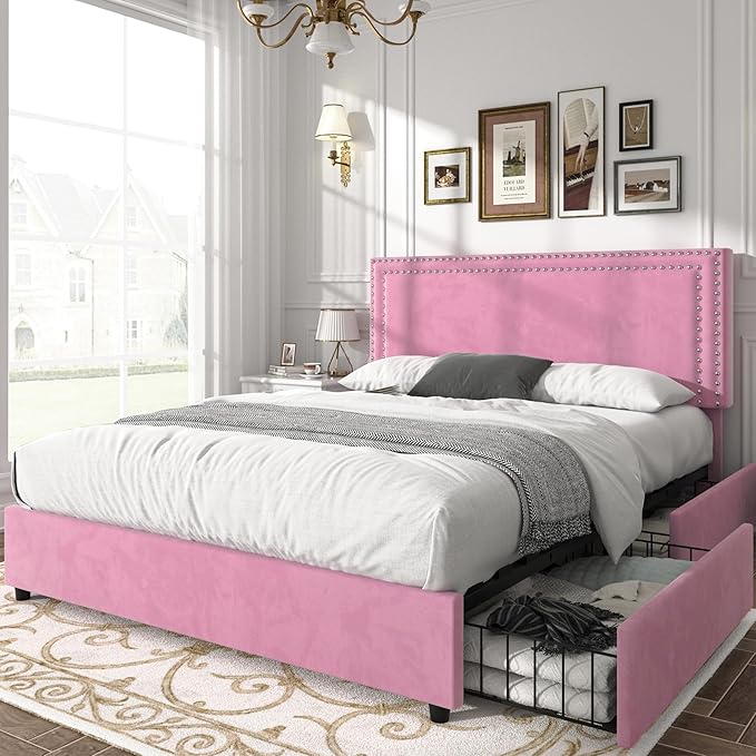 VECELO Full Size Upholstered Platform Bed Frame with 4 Storage Drawers, Adjustable Velvet Rivet Decor Headboard, Wooden Slats Support, No Box Spring Needed, Easy Assembly