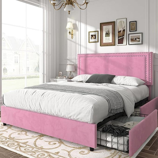 VECELO Full Size Upholstered Platform Bed Frame with 4 Storage Drawers, Adjustable Velvet Rivet Decor Headboard, Wooden Slats Support, No Box Spring Needed, Easy Assembly