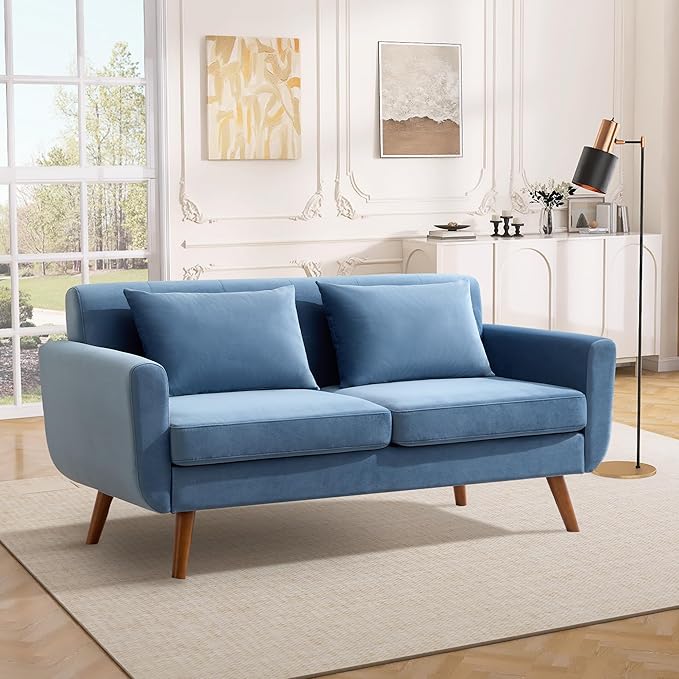 Tbfit 65" W Loveseat Sofa, Velvet Mid Century Modern Love Seat Couches for Living Room, Button Tufted Upholstered Small Couch for Bedroom, Solid and Easy to Install Love Seats Furniture, Blue